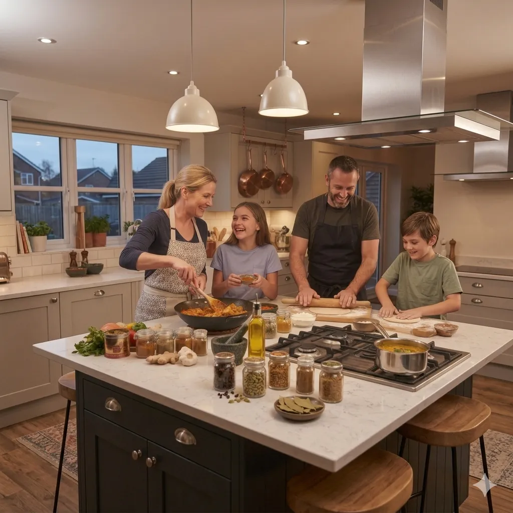 A family cooking together at a kitchen island surrounded by spice jars, fresh herbs and a simmering curry