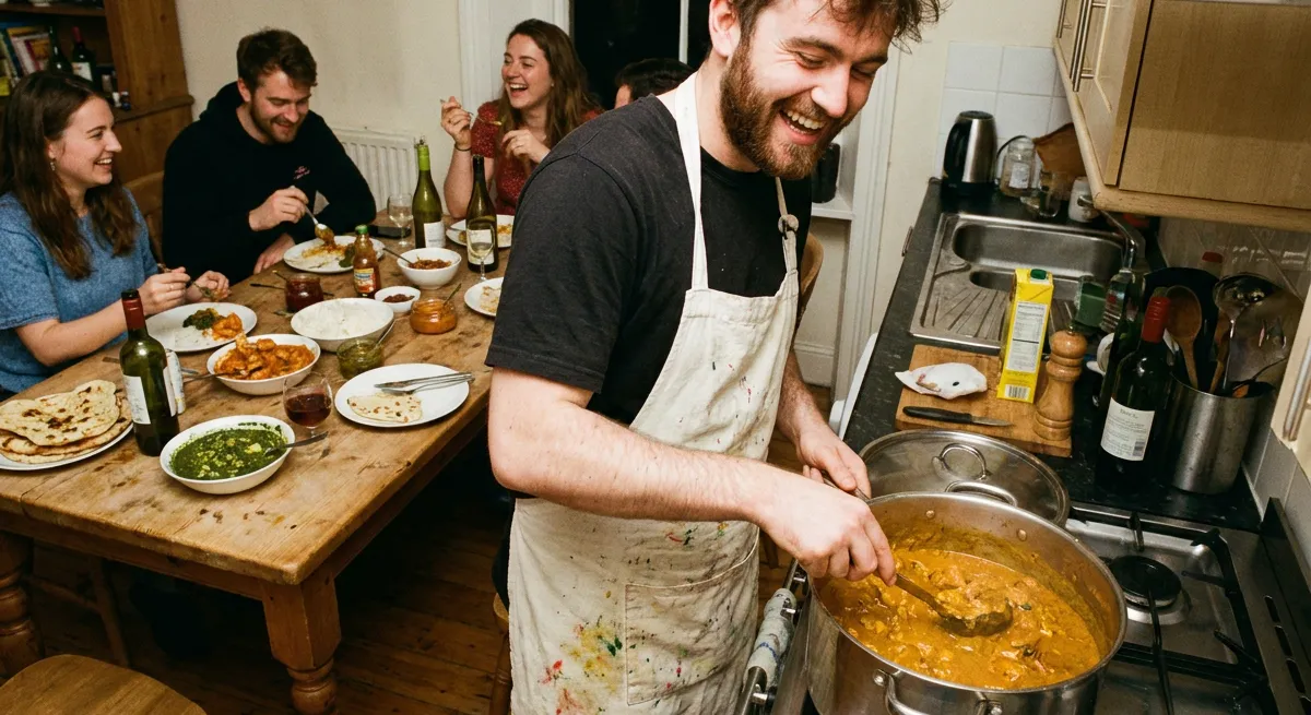A cook stirring a large pot of curry at the hob while friends eat and talk at the kitchen table behind him
