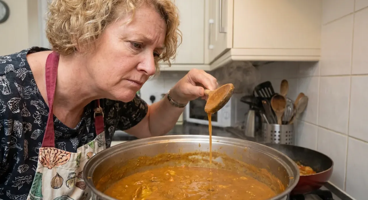 A cook leaning over a large pan of curry at the hob, watching thin gravy run straight off a raised wooden spoon