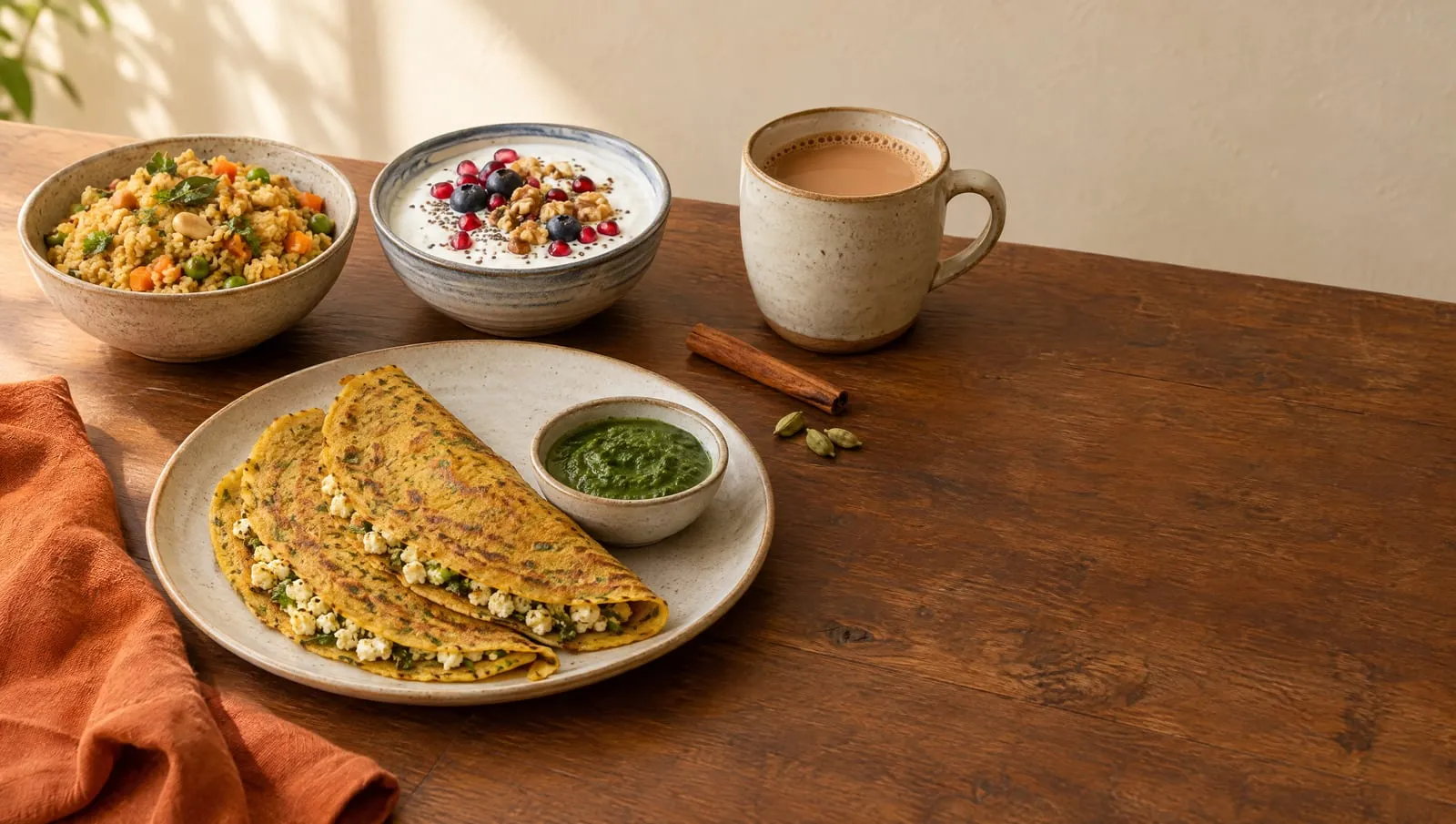 An Indian breakfast table with moong dal chillas and paneer, mint chutney, a bowl of yogurt with berries and walnuts, masala oats upma and a cup of chai