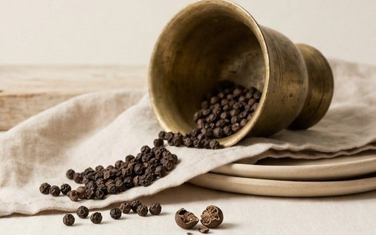 A brass mortar tipped on its side spilling whole black peppercorns across a linen cloth, with stacked ceramic plates behind it
