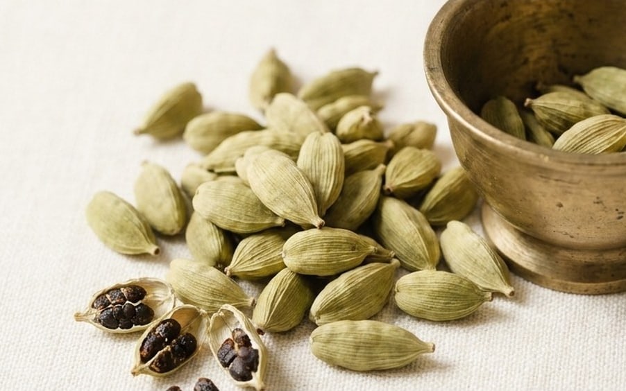 A heap of whole green cardamom pods on cream linen beside a small brass bowl, with three split pods showing the dark seeds inside