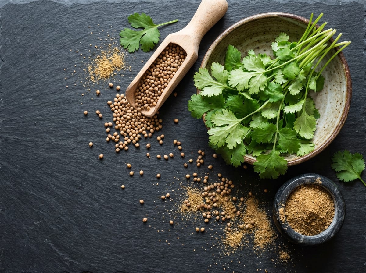 Fresh coriander leaves in a shallow ceramic bowl on dark slate, beside a wooden scoop of whole coriander seeds, scattered seeds and a stone mortar of ground coriander