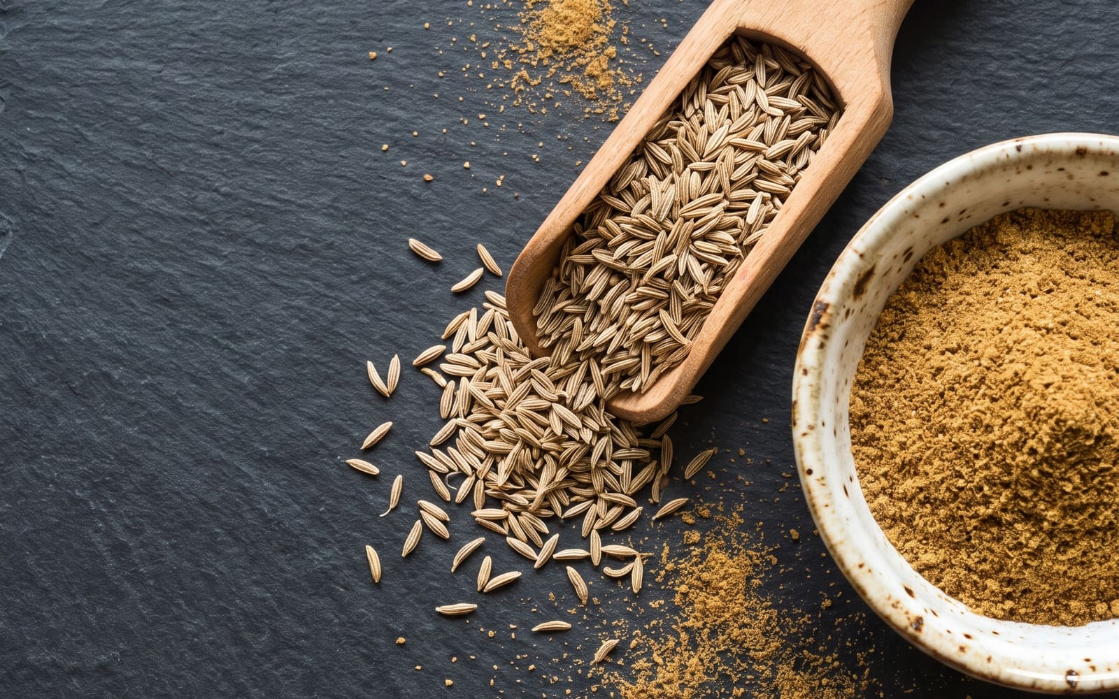A wooden scoop of whole cumin seeds spilling across dark slate beside a speckled cream ceramic bowl of ground cumin, with loose seeds and powder scattered around them
