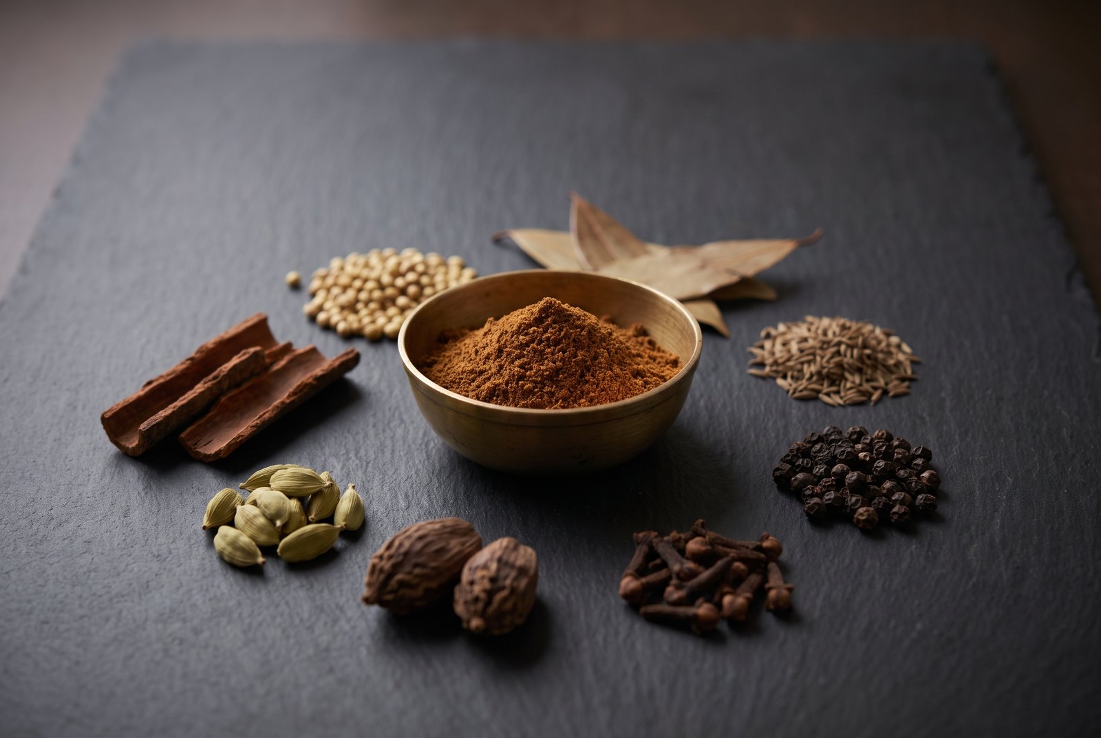 A small brass bowl of finely ground reddish-brown garam masala on dark charcoal slate, ringed by the whole spices it is made from — cinnamon bark, green and black cardamom pods, cloves, black peppercorns, cumin and coriander seeds and two bay leaves